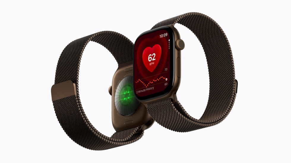 Apple Watch Series 12 bronze, écran cardio et capteurs au dos